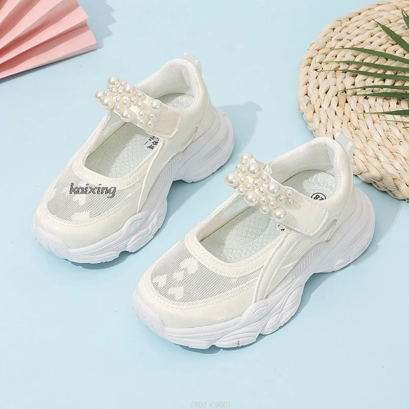 Summer Love Kids Sneakers Fashion White Mesh Sports Shoes For Girls Hollow Out Soft Breathable Beads Children Running Shoes