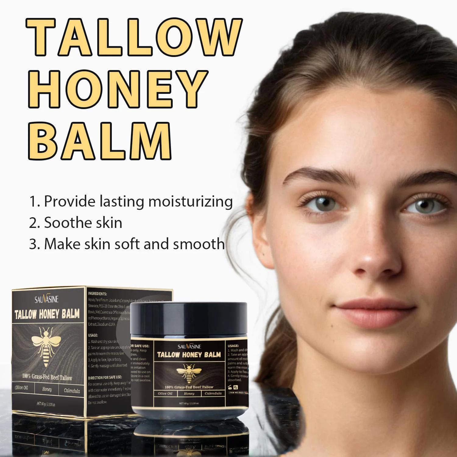 

60g Grass-Fed Beef Tallow Honey Balm Moisturizing Tallow Face Cream Hydrating Skin Improve Elasticity Dullness Firming Skin