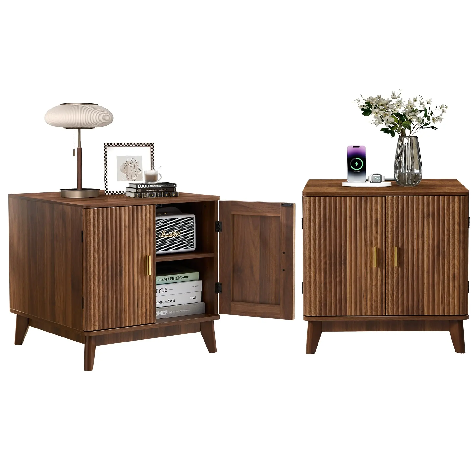 Fluted End Table Set of 2 with Charging Station, Mid Century Modern Nightstand with 2 Doors, Bed Side Table with