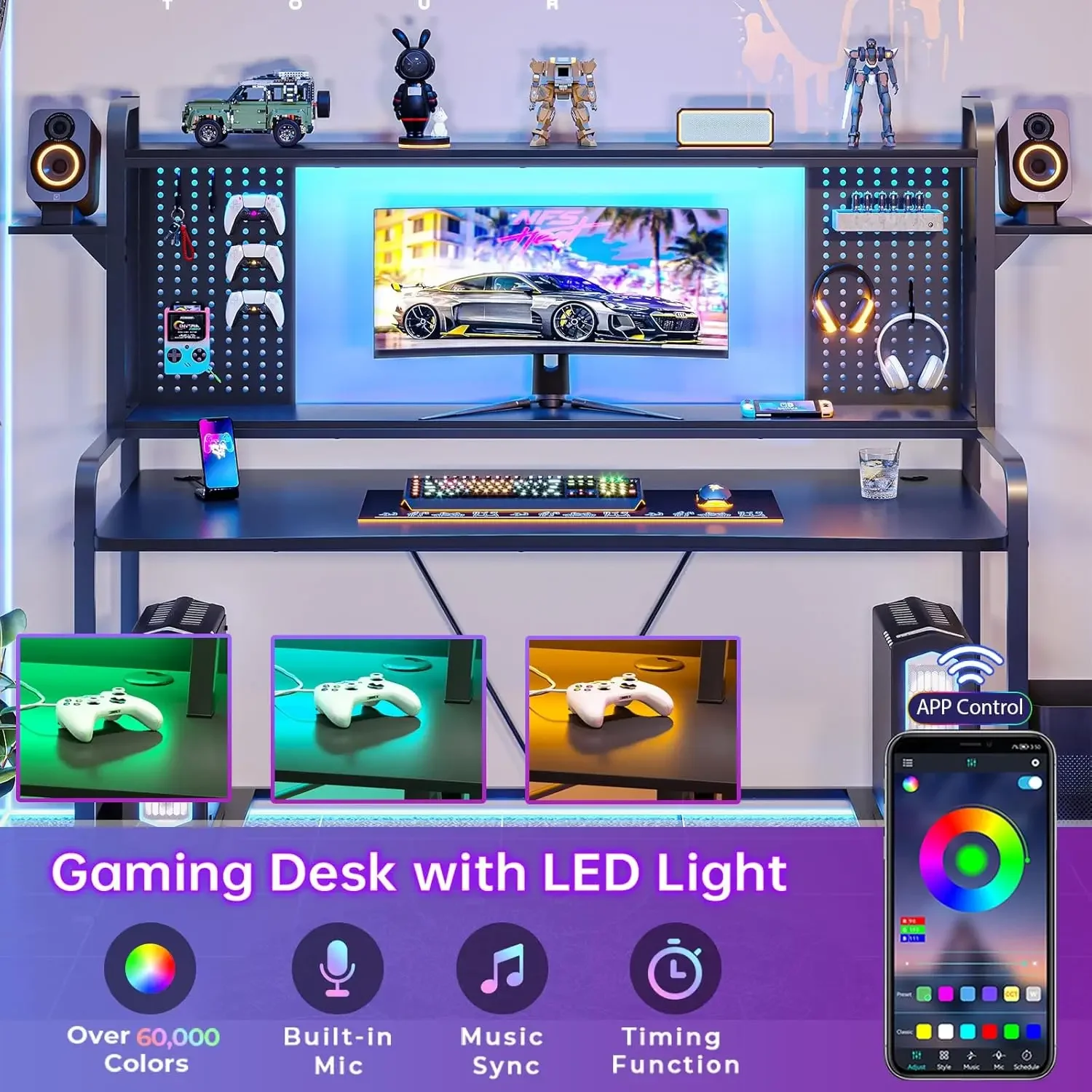 Gaming Bureau, 55 "Computer Bureau Met Hok En Planken, Gaming Bureau Met Led Verlichting, Pegboard & Monitor Plank, Grote Pc