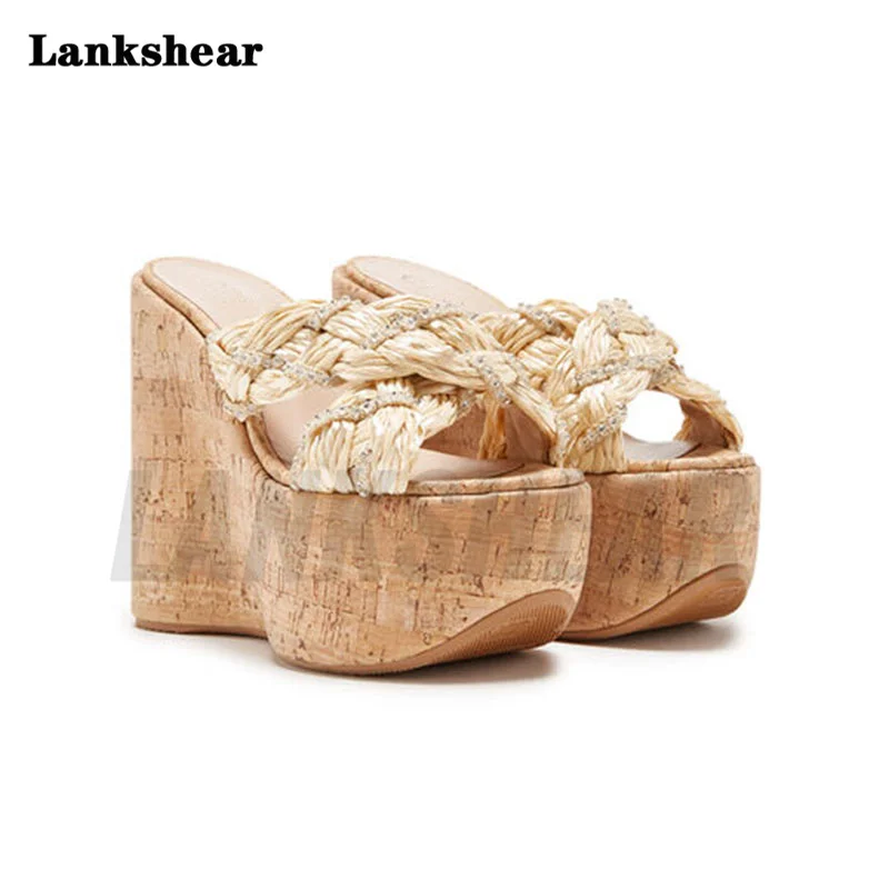 

Wedge Rope Espadarille Wood Platform Sandal Woman Round Toe Brown Apricot Crystal Sequins Hollow Slipper Casual Shoes