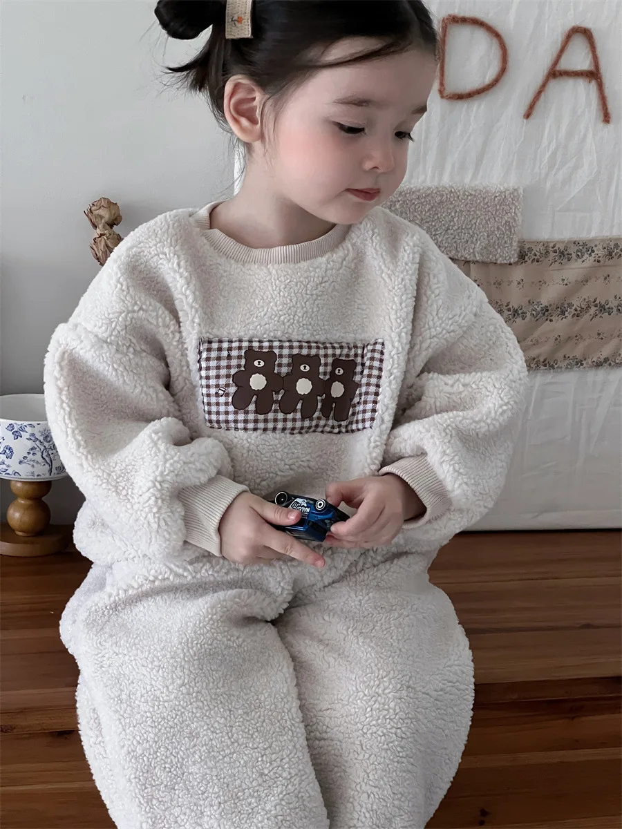 2024 Winter New Baby Cartoon Bear Fleece Sweatshirt Set Infant Plus Velvet Thick Warm Outfits Toddler Boy Girl Sweat Pants Suit