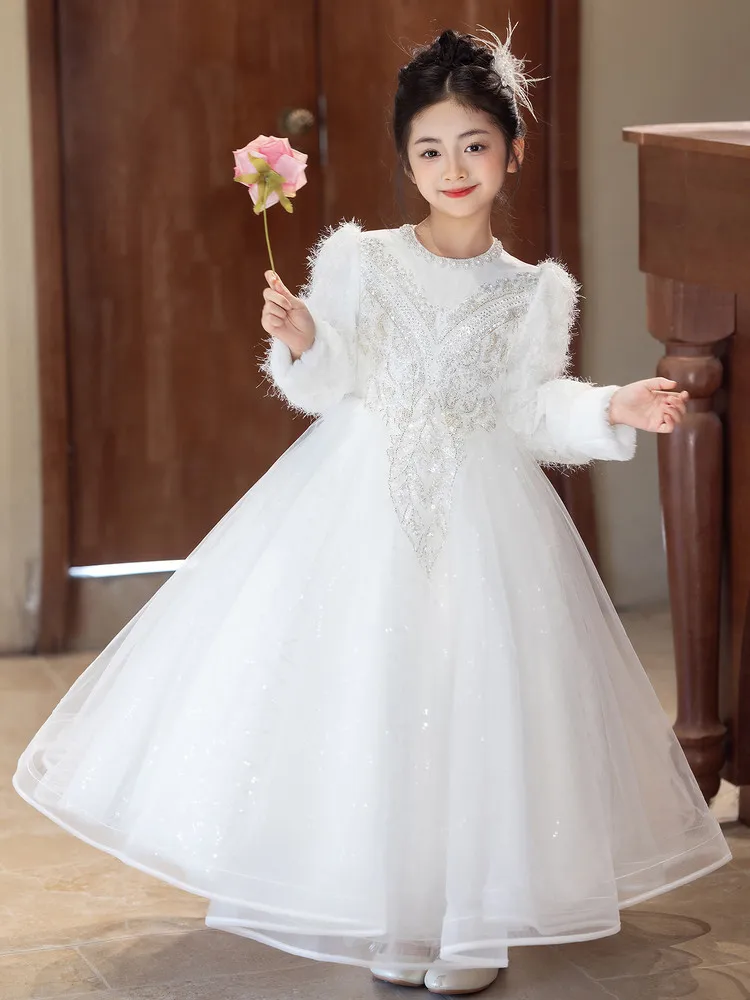 2026 vestido floral para meninas, mangas compridas, vestido de festa grosso para meninas, champanhe, vestido branco para meninas