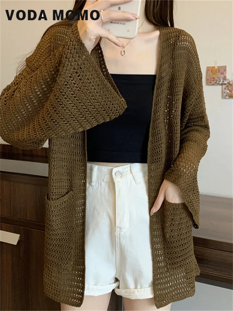 Fashion Simple Solid All-match Loose Elegant Leisure Sun-proof Daily Ladies New Cardigan Women Hollow Out Design Summer Knitting