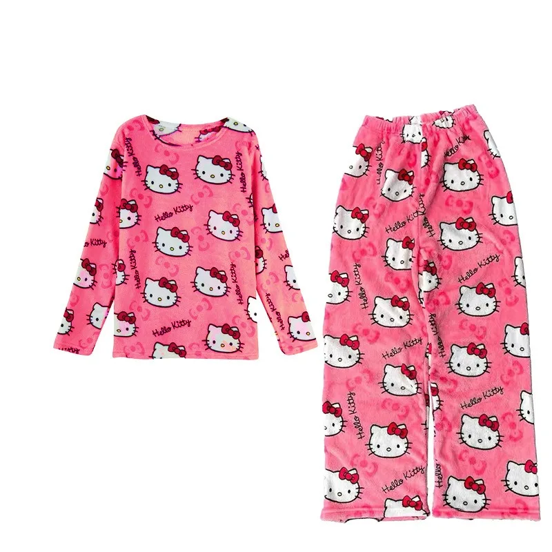 MINISO 2PCS Hello Kitty Anime Y2k Kawaii Flannel Pajamas Women Warm Cartoon Casual Home Pants Autumn Winter Tops Trousers Set