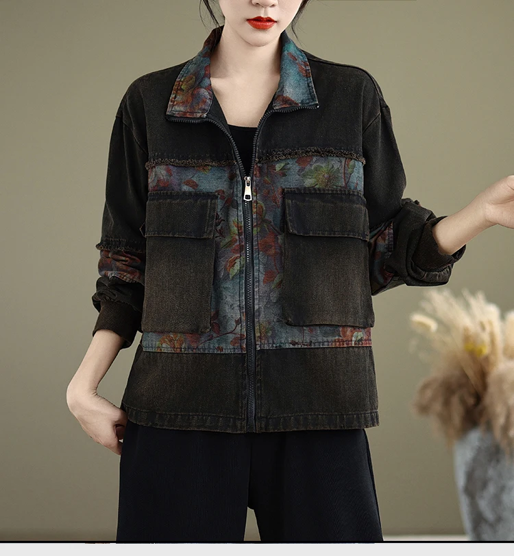 Woman 2024 New Color-blocked Long Sleeves Denim Loose Coat Fashion Temperament Patchwork Zipper Cardigan Single Breasted Jacket