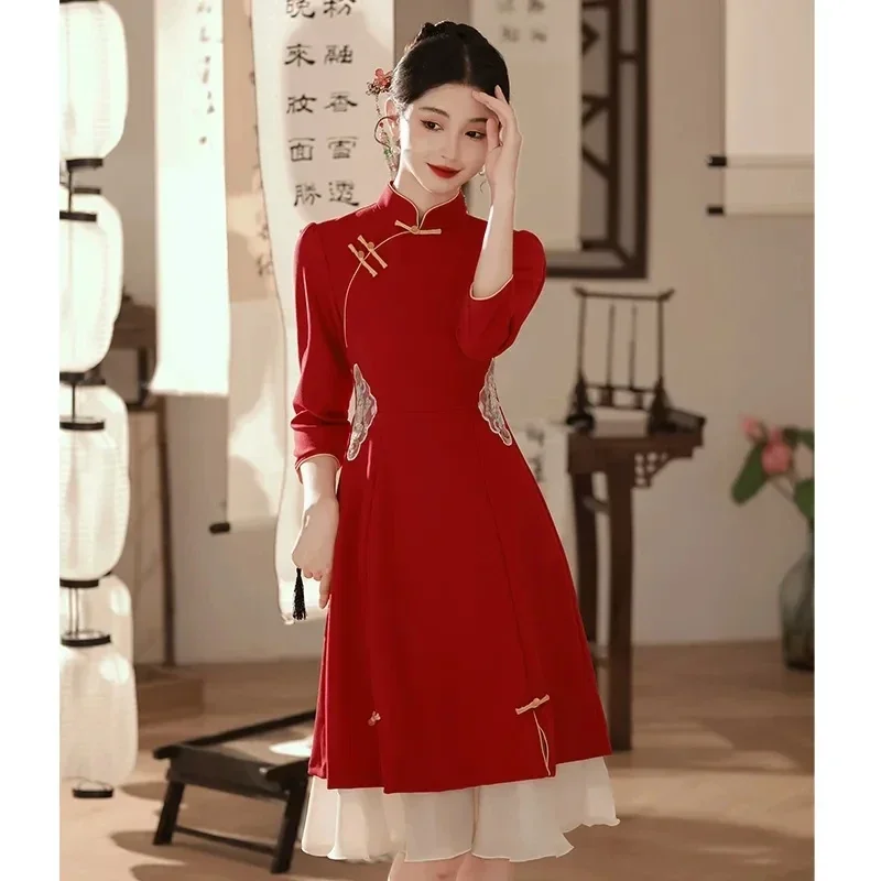 

Red Bride Qipao Dress Modern Autumn Winter Long Sleeve Engagement Cheongsam Traditional Chinese Clothing for Women New Year