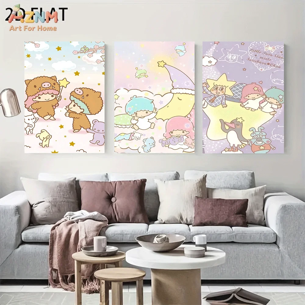 AZNM Little Twin Stars Frameless Canvas Wall Art, Moon Star Cloud Dreamy Cartoon Poster, Kawaii 2D Flat Print for Home Bedroom D
