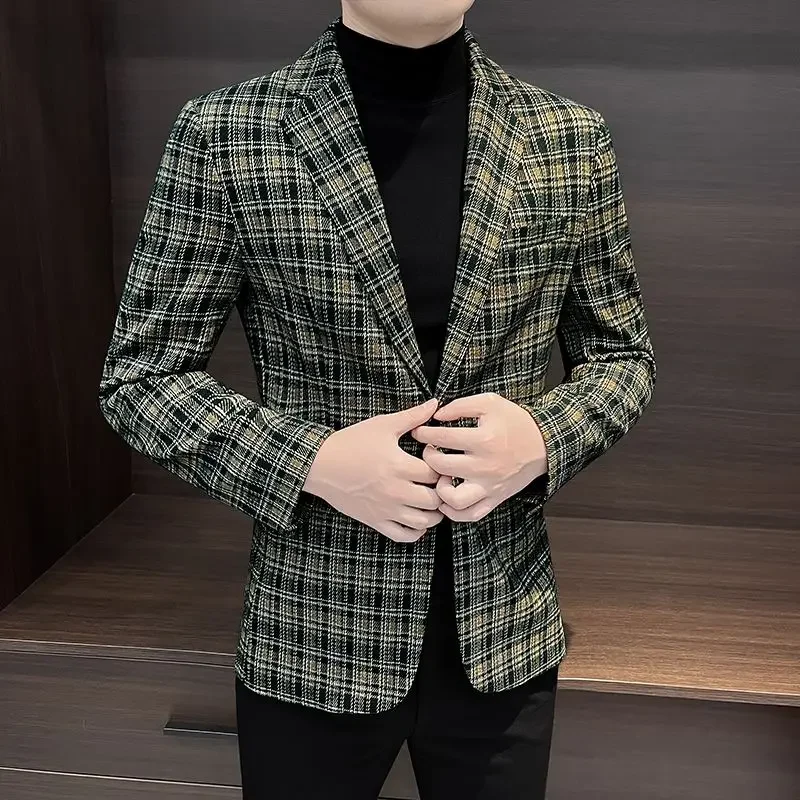 Single Breasted Thin Plaid Man Suits and Blazers Slim Fit Original Gentleman Casual Coats High Quality Elegant Jacket for Men