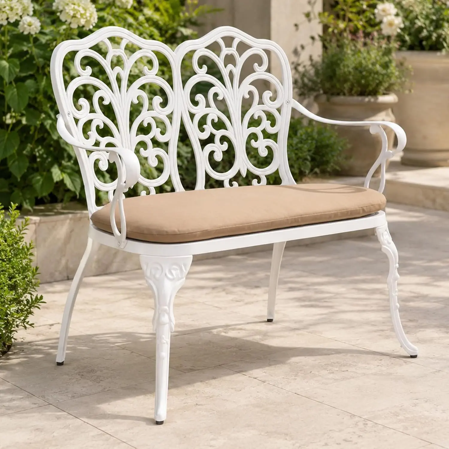 Cast Aluminum Garden Bench (White, Floral Rose with Cushion), Customized