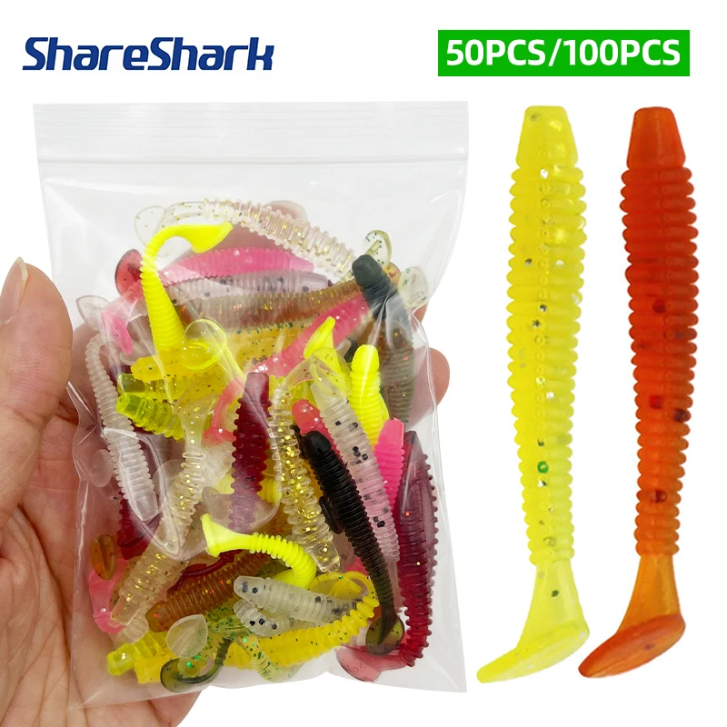 ShareShark 50/100 Stück 5cm T-Schwanz-Weichköder, realistischer Silikonköder mit Schraubendesign für das Meeresangeln
