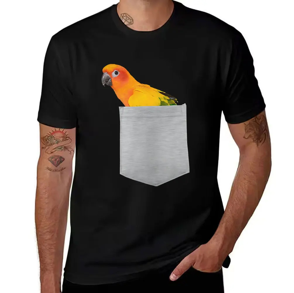 Men's Cotton T-Shirt with Cute Sun Conure Parrot in Pocket Print, Casual Short Sleeve Tee for Bird Lovers