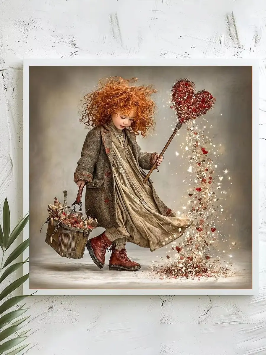 1 Stück 40x40 cm/15,74 Zoll, 11Ct/14Ct Kreuzstich-Set, DIY Valentinstagsgeschenk, Stickerei-Set für Festlichkeiten, Mädchen mit roten Haaren und Herz – Detail 1