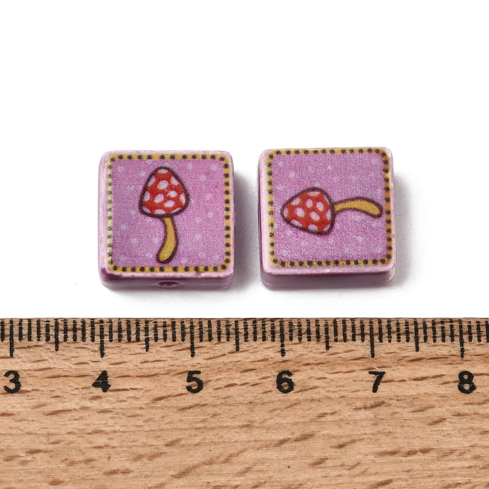 20pcs Purple Mushroom Print Square Handmade Lampwork Beads Cute Pattern Loose Spacer Beads for DIY Bracelet Necklace Decor Craft
