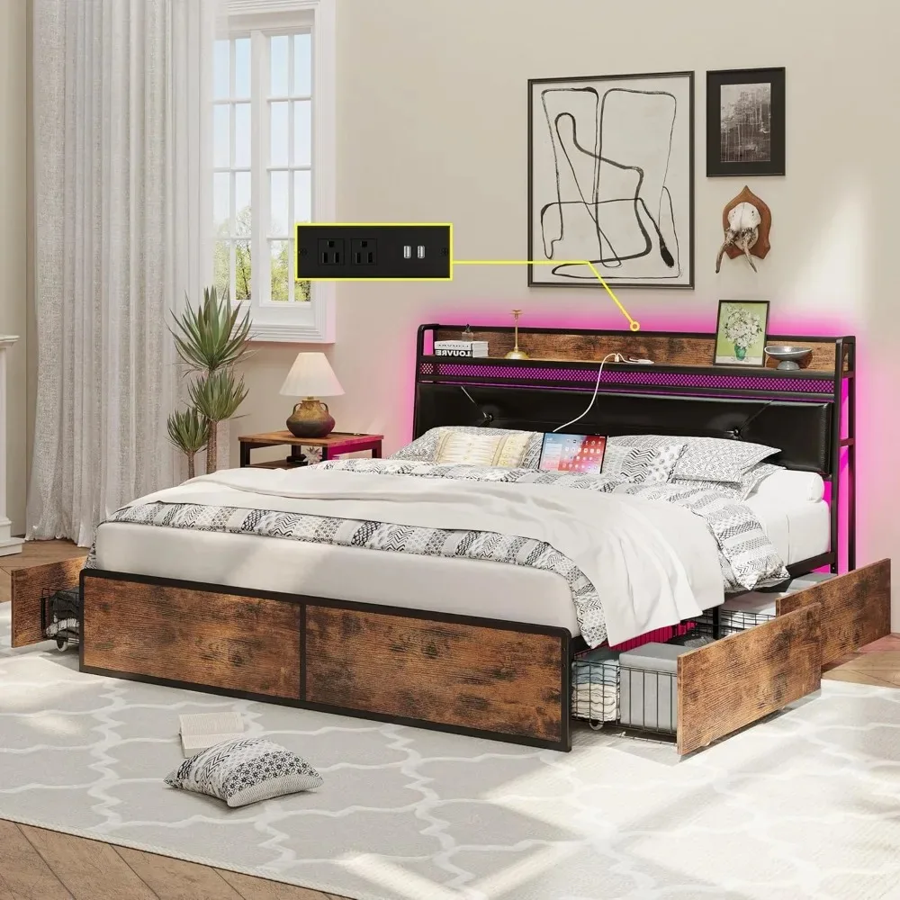 

King Size Bed Frame with 4 Drawers, Storage Headboard with Charging Station, RGB Lights, No Box Spring Needed, Noise Free