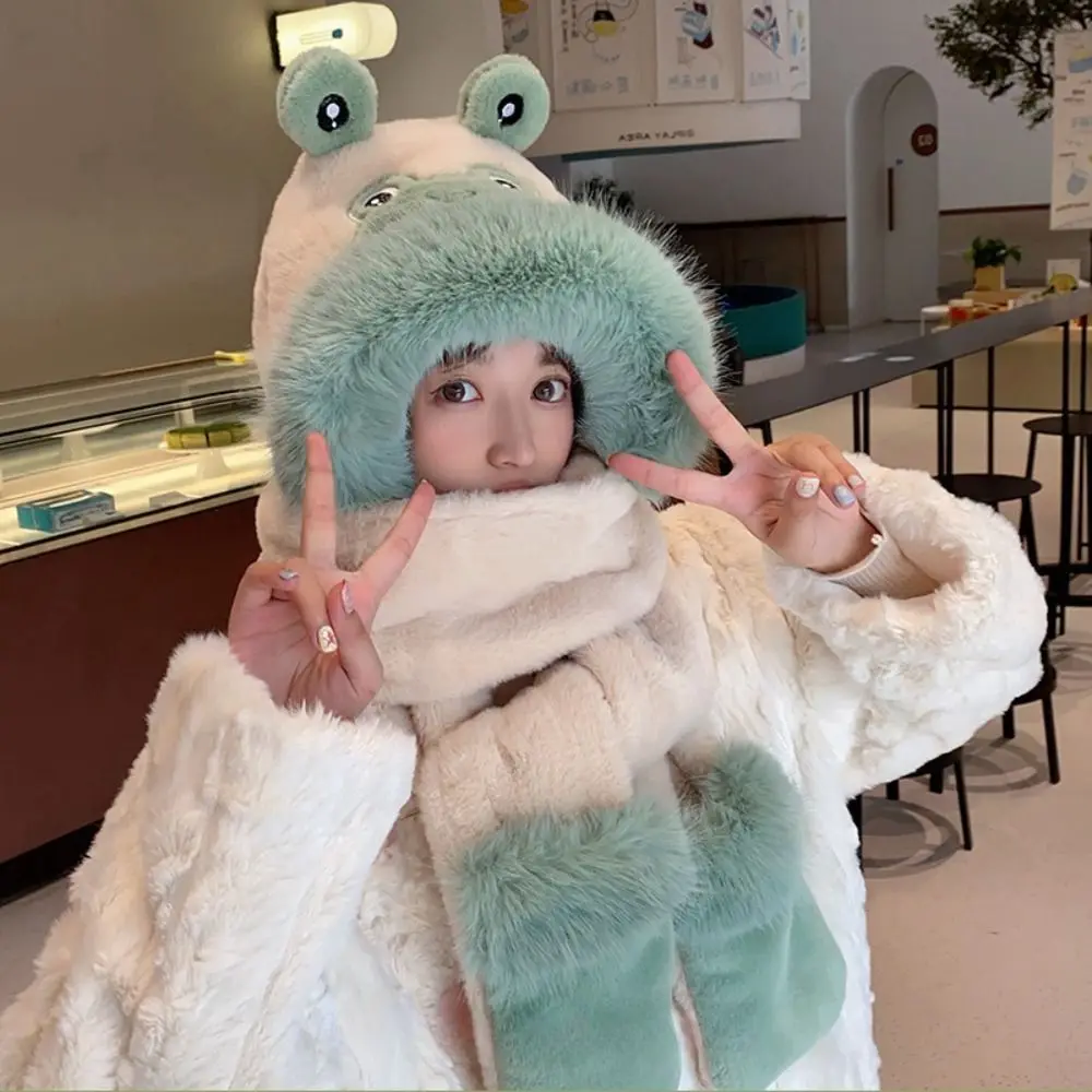 

New Cute Frog Hat Scarf Gloves Plush Winter Ear Protection Cap Keep Warm Outdoor Riding Scarf