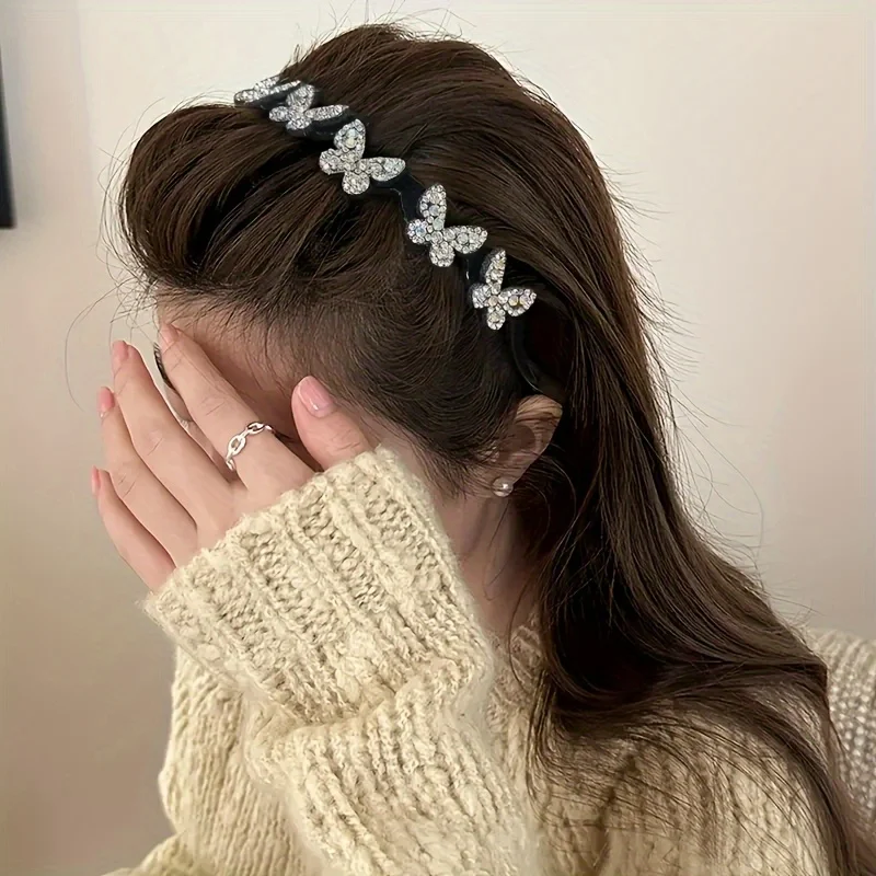 Welliges Stirnband, Strass-Schmetterlings-Stirnband, prächtiges Stirnband, ganztägiges Haar-Accessoire, hält Flyaways für Damen, Erwachsene, Teenager – Detail 3