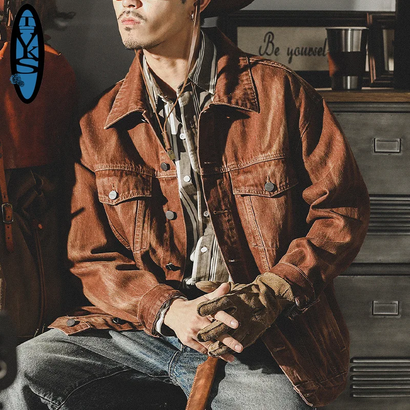 2026 New American Retro Men\'s Denim Jackets Wear-resistant Classic Vintage Baggy Coats for Male Motor&biker Brown Men Clothing