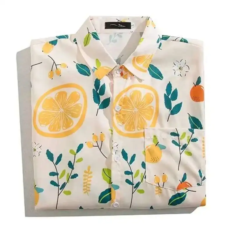Yellow Lemon Blouse Women Leaf Print Casual Shirts Spring Summer Blusa Unisex Long Sleeve Novelty Oversized Tops Holiday Clothes