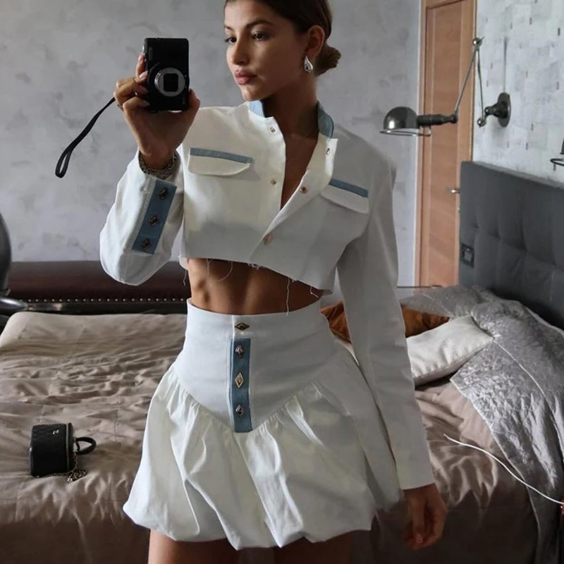Spring Autumn Popular Streetwear Sexy Slim Outfits Elegant Women 2 Piece Set Button Up Crop Jackets Mini Skirts Two Piece Set