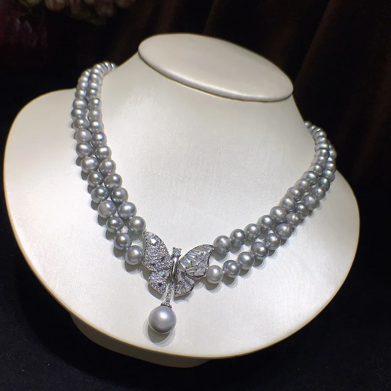 

2 ряда серого жемчужного ожерелья с морской ракушкой для женщин, универсальные ювелирные изделия, многослойный нишевый дизайн, модная элегантная цепочка на ключицу