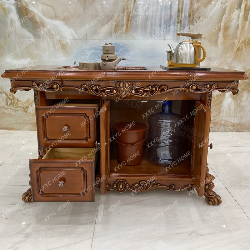 

European-Style Tea Table Wood Carved Balcony Household Small Table-Chair Set 1.6 M Classical Tea Cabinet