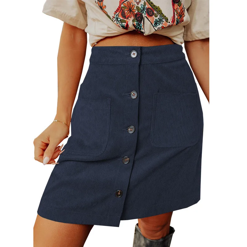 Vintage Brown Corduroy Skirts for Women Single Breasted Slim Fit Mini Skirt Woman Autumn Winter Korean Pocket Short Skirt Ladies