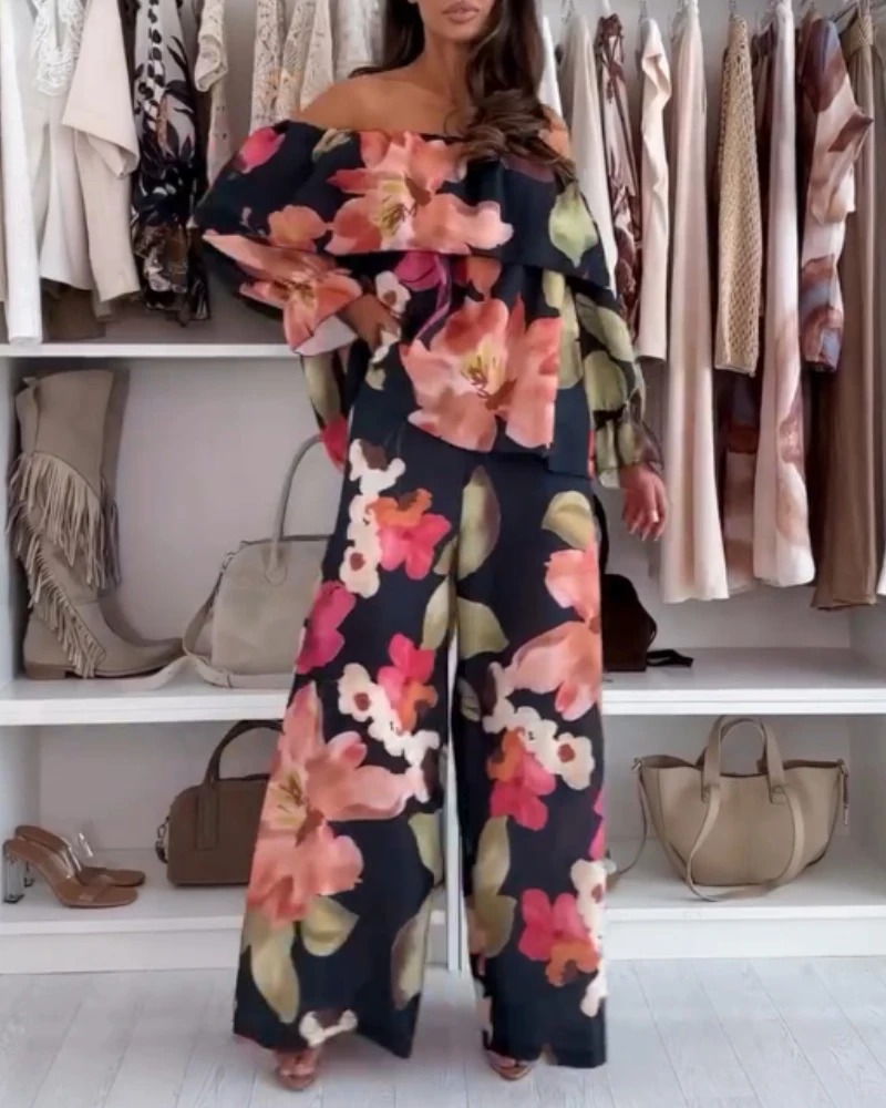 

2 Pieces Outfit Floral Print Off Shoulder Bell Sleeve Ruffles Top and Casual Elastic Waist Wide Leg Pants Set With Pockets