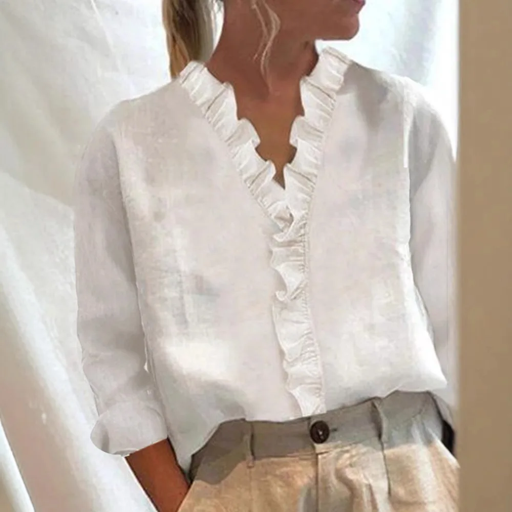 

Новинка 2025, женский повседневный пуловер с v-образным вырезом и длинными рукавами, женский топ чистого цвета, футболка