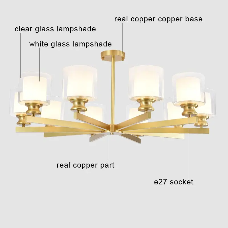 현대 진짜 구리 샹들리에 Led 천장 램프, 거실 북유럽 조명 기구, 침실 주방 식당 조명, 홈 장식