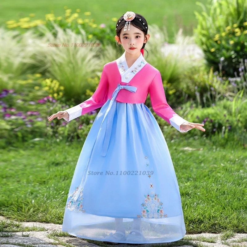 2025 ملابس رقص كورية تقليدية خمر فستان رقص شعبي زهرة التطريز بلايز + تنورة مجموعة الأطفال مرحلة الأداء الرقص