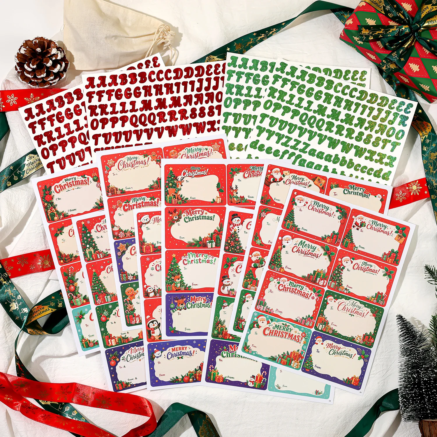 Christmas Gift Tag DIY Set, Personalized Holiday Name Label With Alphabet Stickers, Xmas Present Decorative Tags