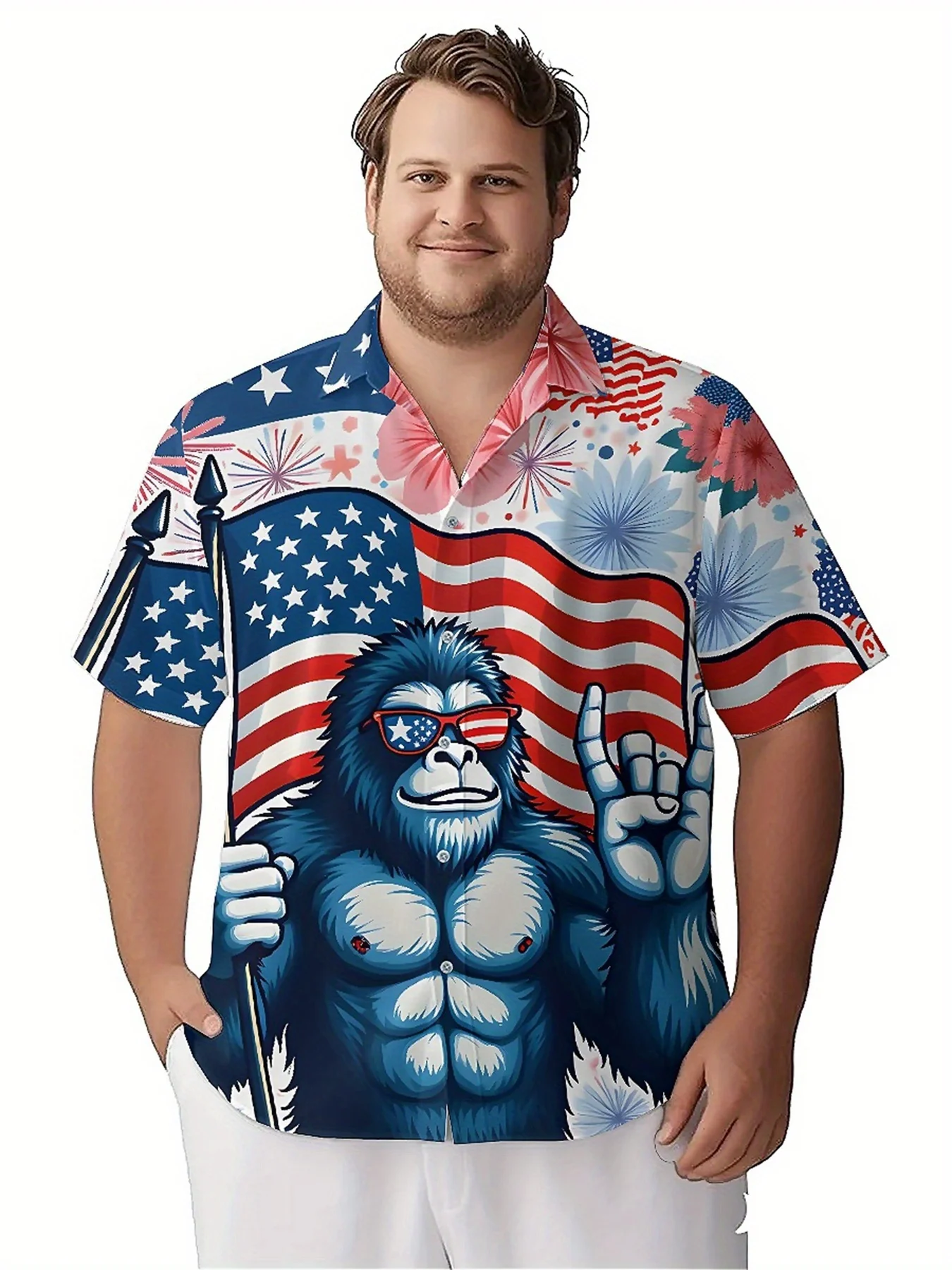 Men's Plus Size Hawaiian Shirts Sasquatch US Independence Day Theme pattern, Button Shirts, Unisex Casual Clothing, Summer Tops
