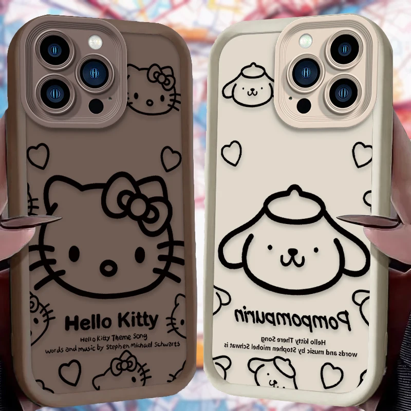 Cute Line Hello Kitty Case For iPhone 16 15 14 13 12 11 Pro Max X XS X S Max XR SE 2020 7 8 Plus iphone16 Soft Shockproof Cover