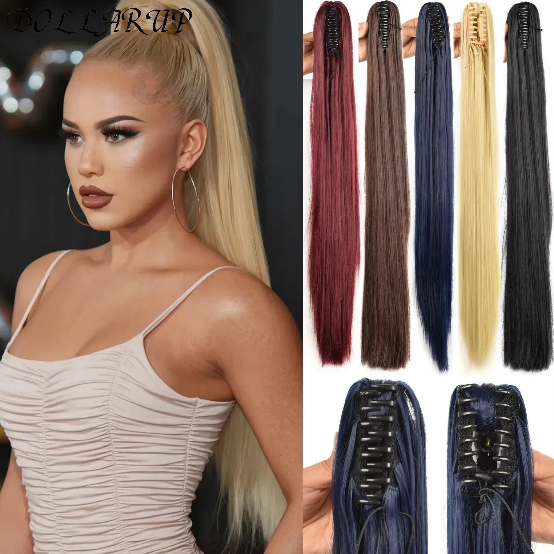 

JKL Synthetic Ponytail Hair Extension Long Straight Claw Clip Ponytail Heat Resistant Natural Wave For Women Blonde Hairpiece