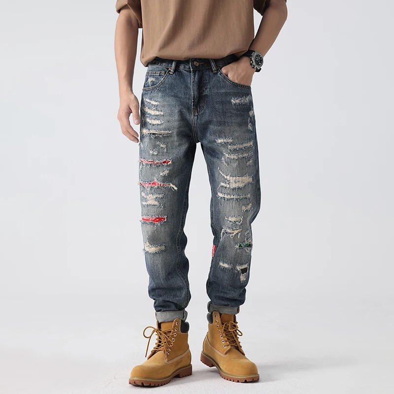 Y2K high street biker gangster handy tide summer hole patch loose jeans small straight large size men's pants