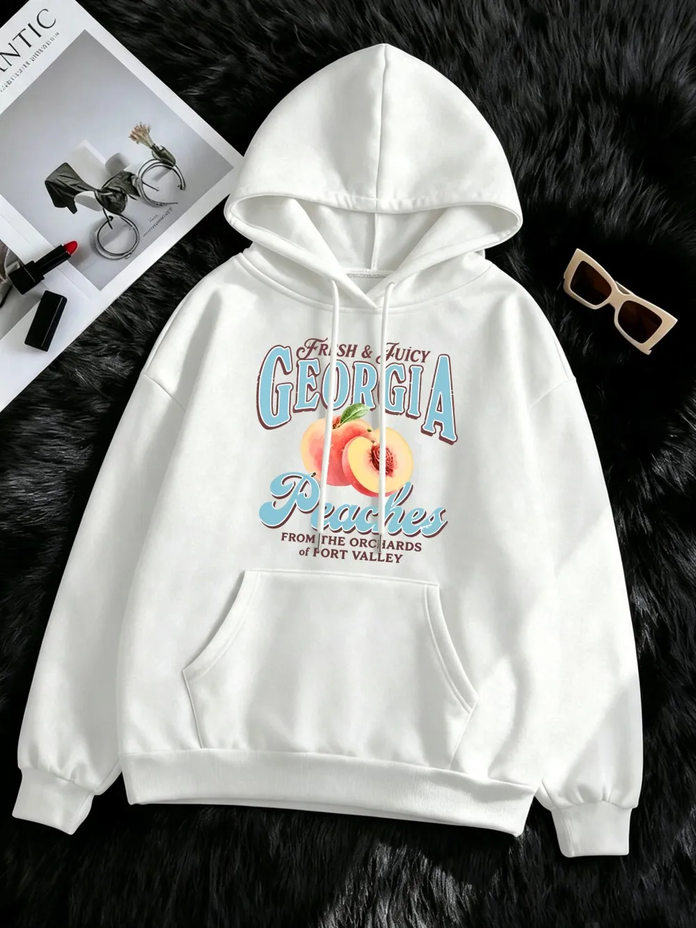 Fresh Juicy Georgia Peaches Prints Hoodies Women Winter Pocket Pullover Casual Jogging Fleece Warm Sweatshirt Basics Loose Tops