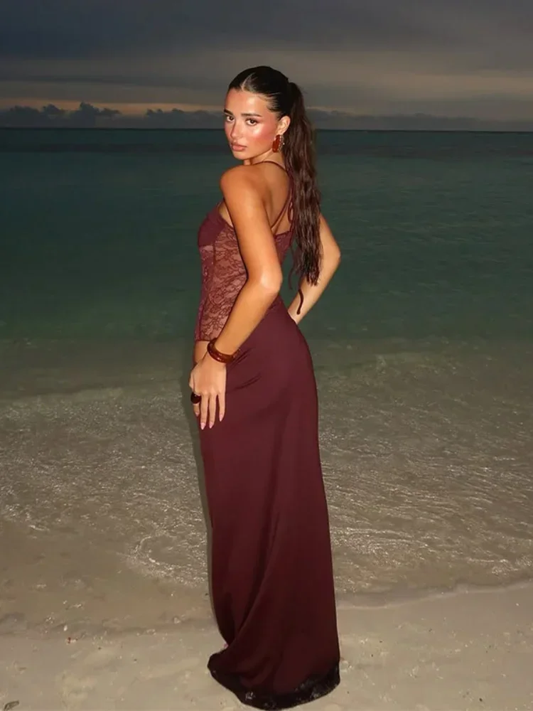 أنيقة الدانتيل قطع فساتين ماكسي للنساء 2025 مثير السباغيتي حزام المرقعة عطلة فستان الحفلات الصيف عارية الذراعين فستان طويل #2