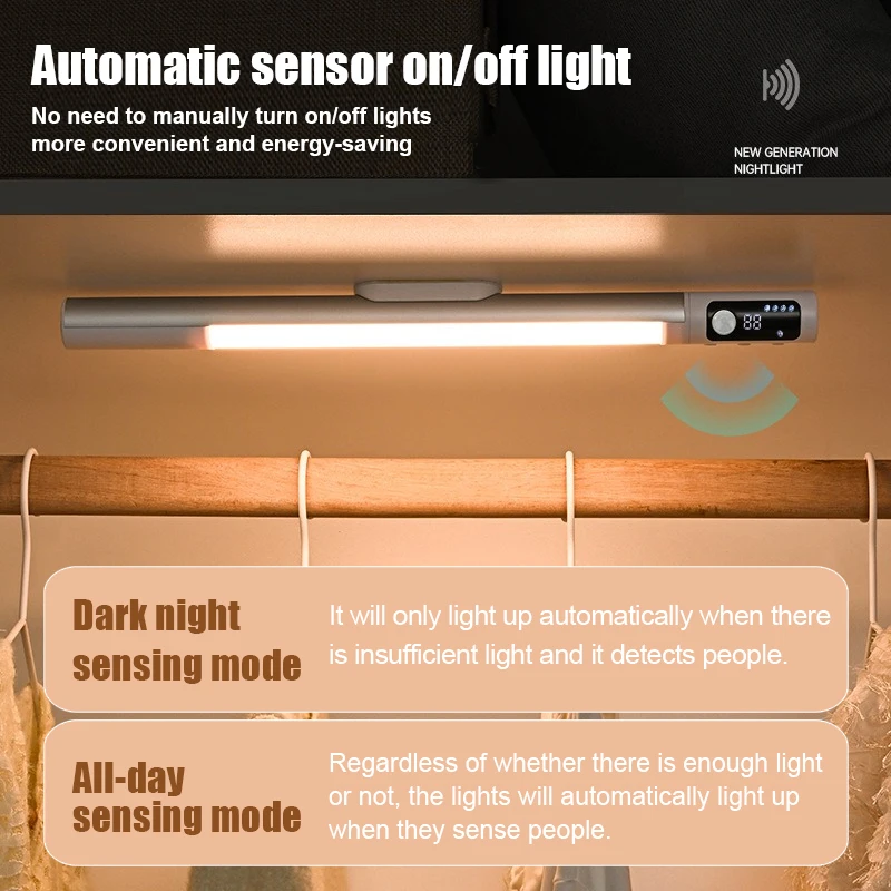 Luz LED nocturna con Sensor de movimiento para debajo del gabinete, lámpara colgante recargable, lámparas de succión magnéticas regulables para armario y cocina