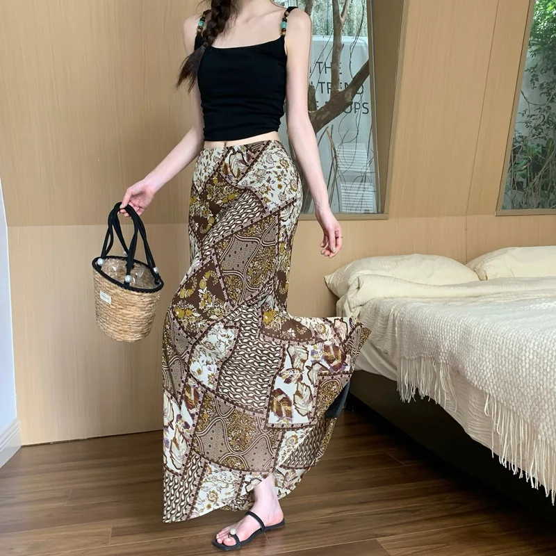 Harajuku Boho Patchwork Floral Print Maxi Skirt Women High Waist Split Slim Long Skirt Elegant Summer Holiday Beach Casual Botto