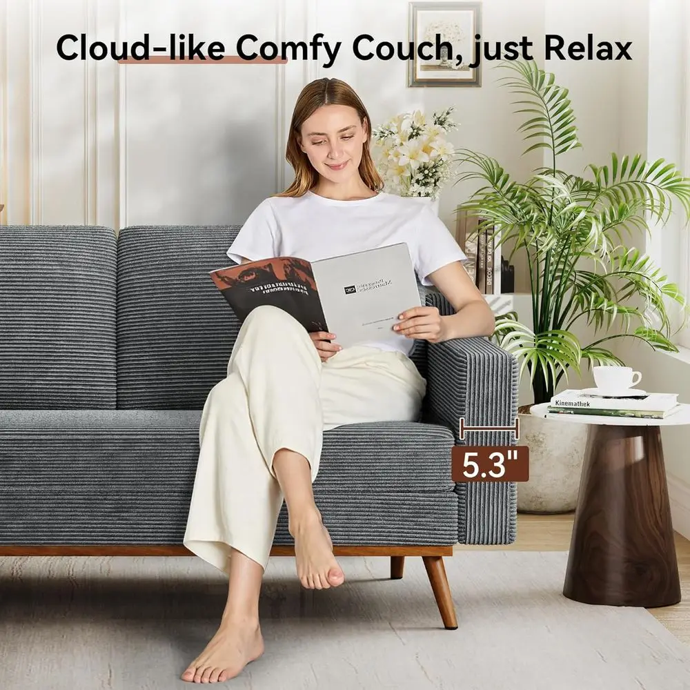 Canapé causeuse en velours côtelé gris de 65,4 pouces, petits canapés ou salon du siècle ern, chambre à coucher, Oice, Comy Soa avec coussin à ressorts,
