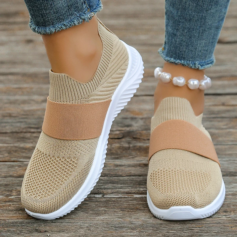 

Spring Summer Casual Knitting Sneakers Women Slip On Breathable Mesh Flats Woman Comfortable Non Slip Thick Sole Running Shoes