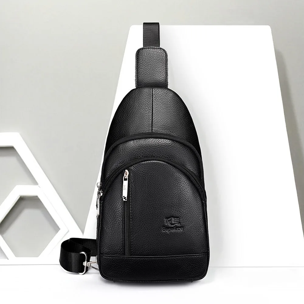 Men's Genuine Leather Chest Bag with Adjustable Shoulder Strap Large Capacity Portable Business Commuter Crossbody Bag