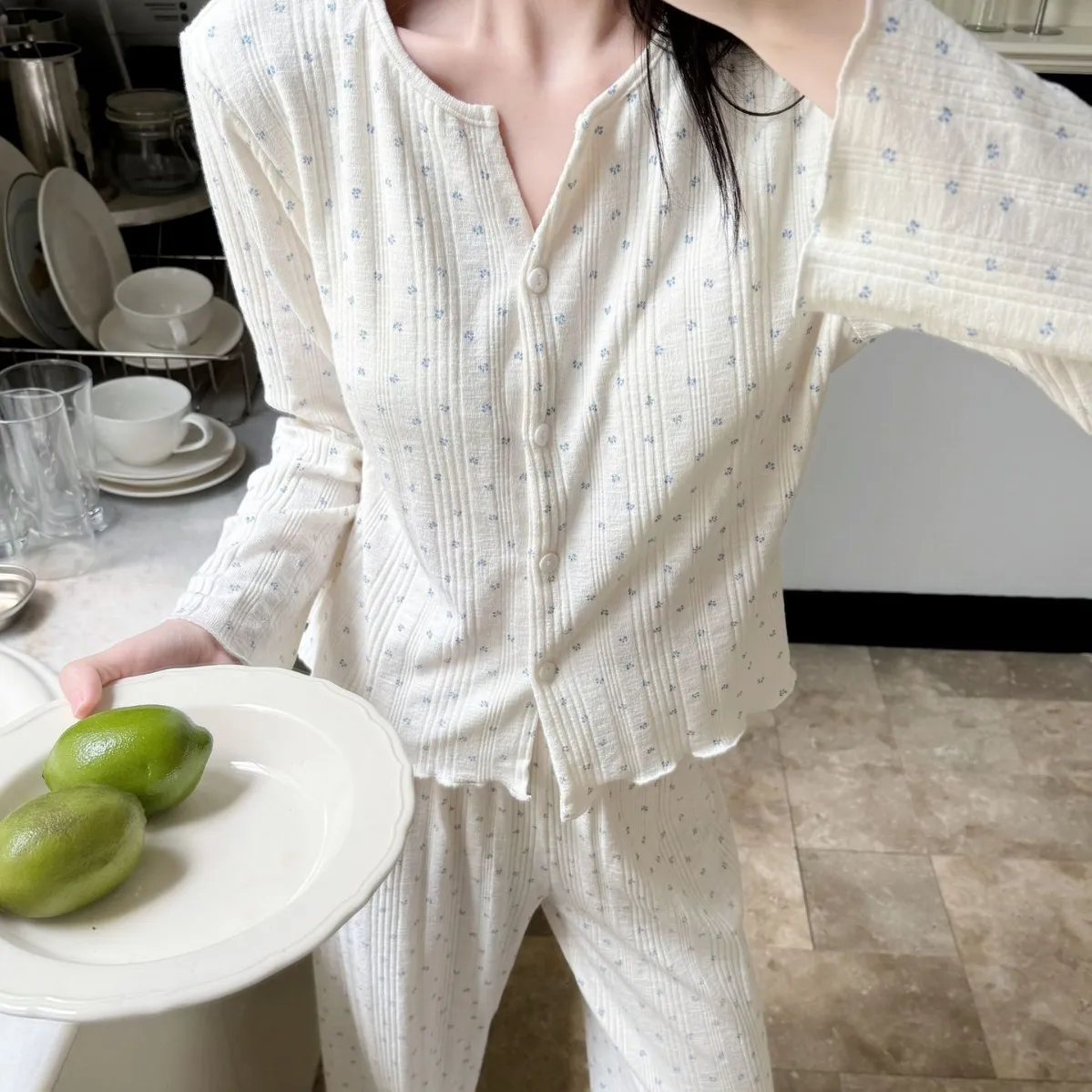 Women's Print Pajama Set Long Sleeve Spring Autumn Ladies Sleepwear 2 Pcs with Pant Single Breasted Pyjama Suit for Female