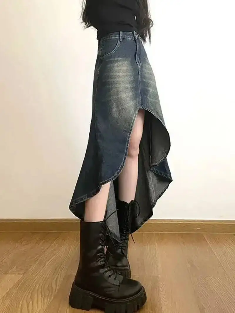 

Джинсовые юбки-миди женские стираные ретро нерегулярный дизайн распространенная уличная одежда хипстерская повседневная мода универсальные с высокой талией CBQ9