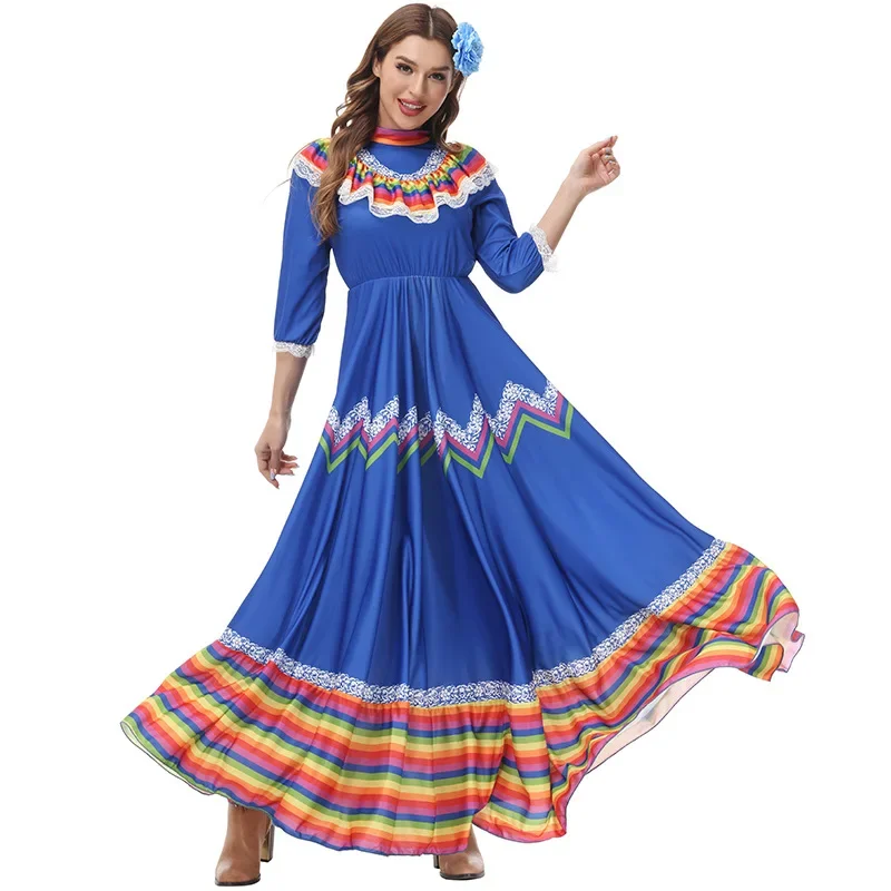 Vestido folclórico mexicano para mulheres, estilo nacional, robe, fantasia de bailarina, povo tradicional mexicano, longo, boêmia