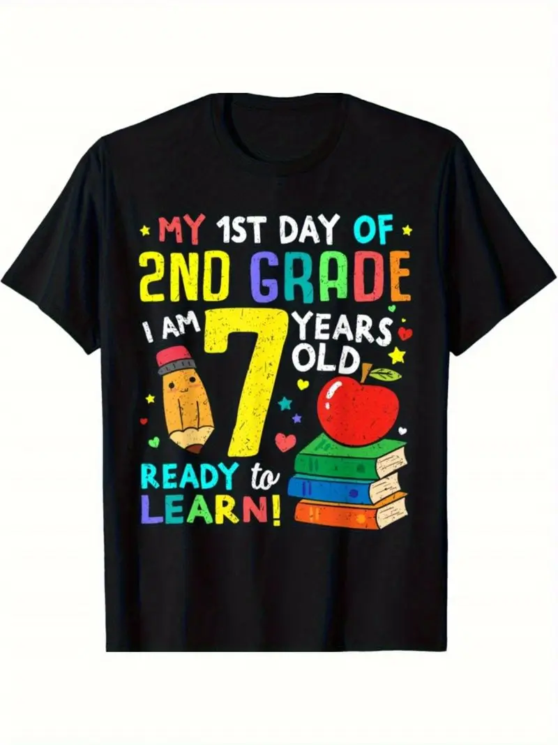 Boys Girls 1St Day Of 2Nd Grade 7 Years Old Ready To Learn School Tee, Short Sleeve Crew Neck Graphic Print Top, School Gift