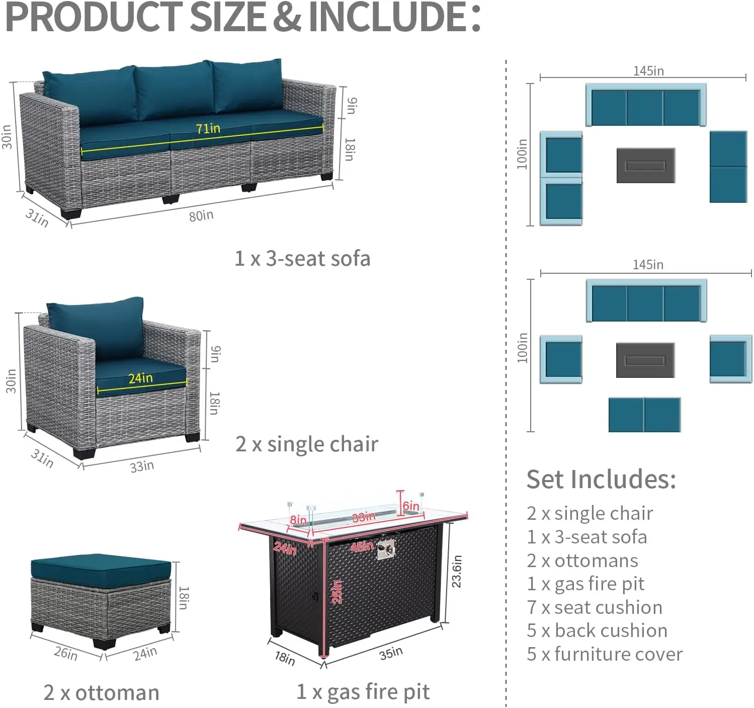 6-Piece Outdoor Furniture Set Patio Furniture Set Outdoor Couch with Storage Non-slip Cushions and Waterproof Covers