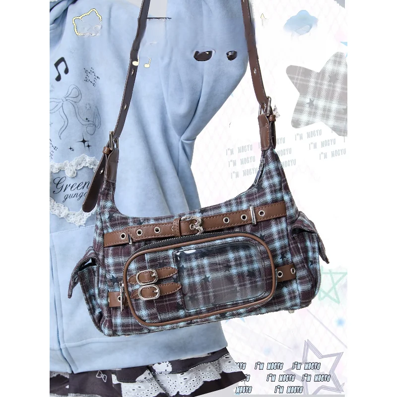 Y2K Plaid Ita Hobo Bag, Brown Leather Trim Clear Window Shoulder Bag, Punk Star Print Crossbody for Pin Display