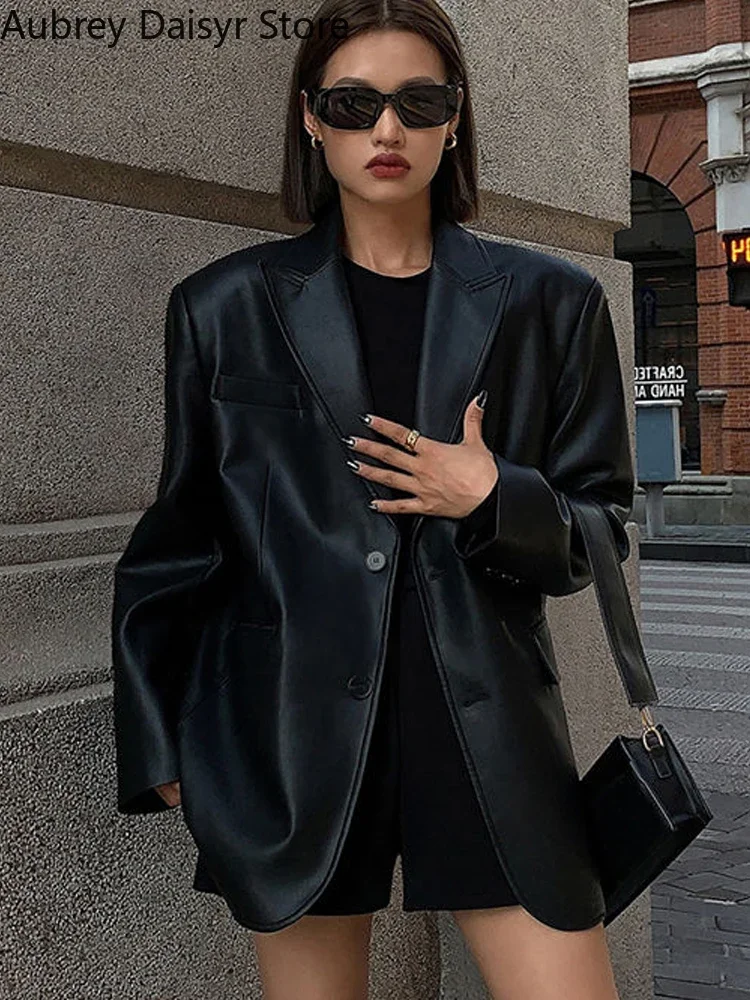 Punk Black Leather Jacket Women Korean Vintage Streetwear Leather Blazer Winter Casual Button Winter Warm Loose Leather Coat New